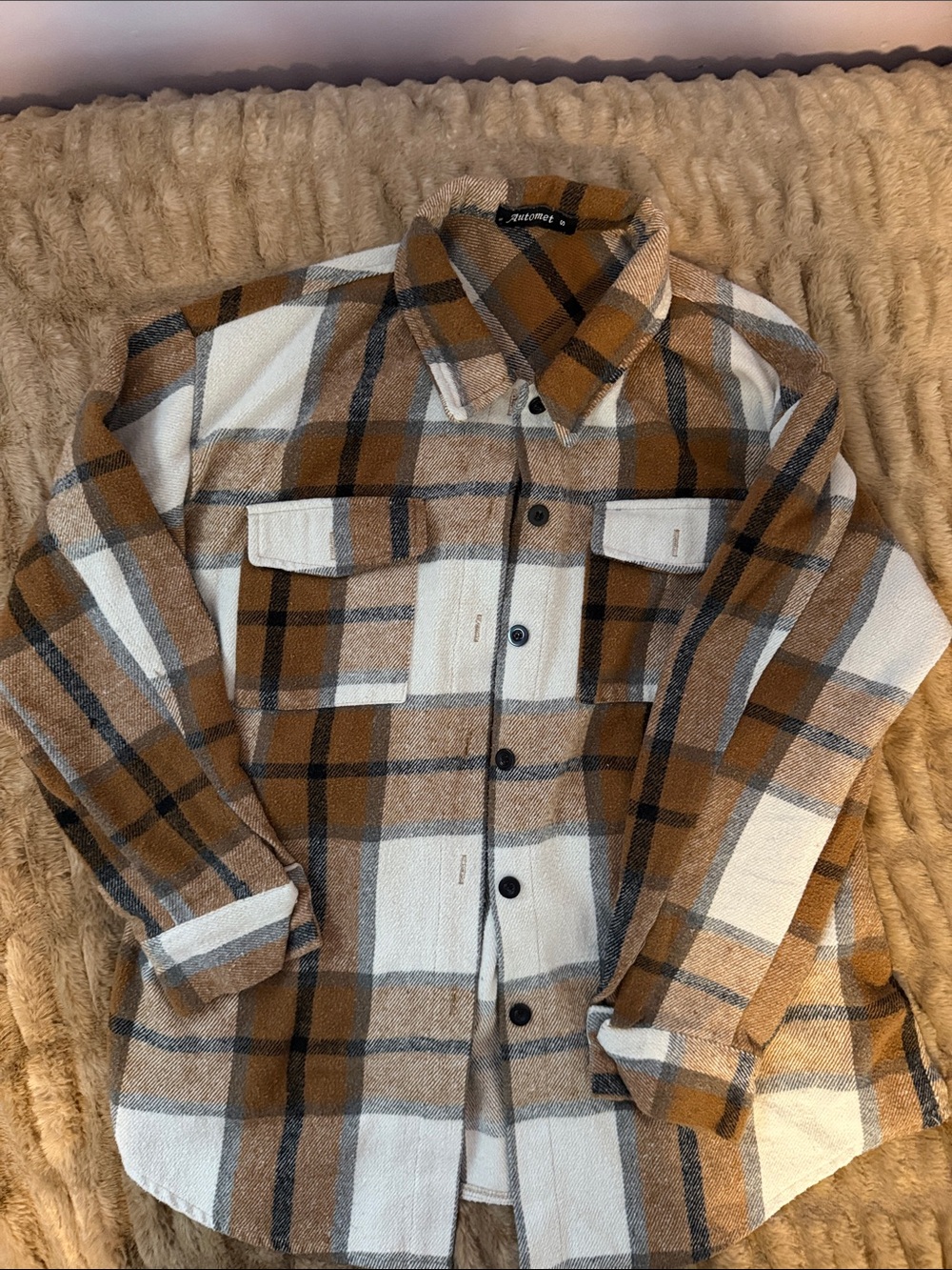 Women's Brown and White Plaid Button-Front Shacket